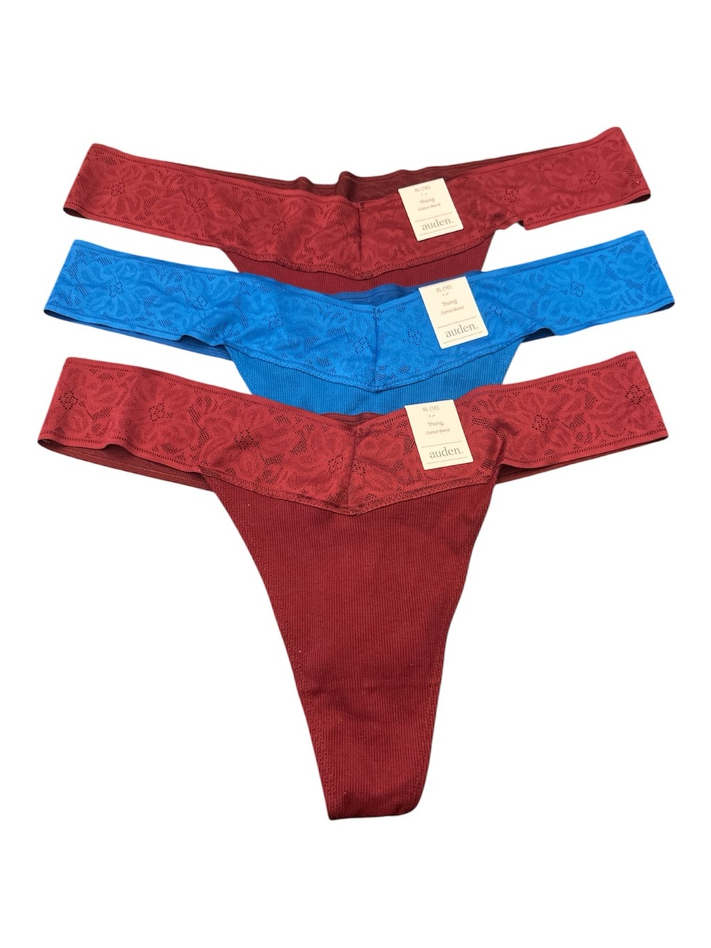 Auden Lace-Trim Thong Trio - Burgundy & Bright Blue